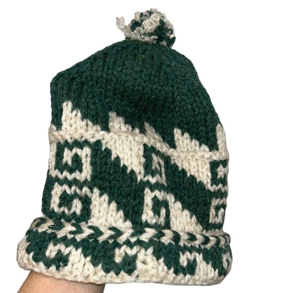 HAND KNIT Forest green Cream wool Pakistan Fair Isle thick knit hat HOLI… - Picture 5 of 7